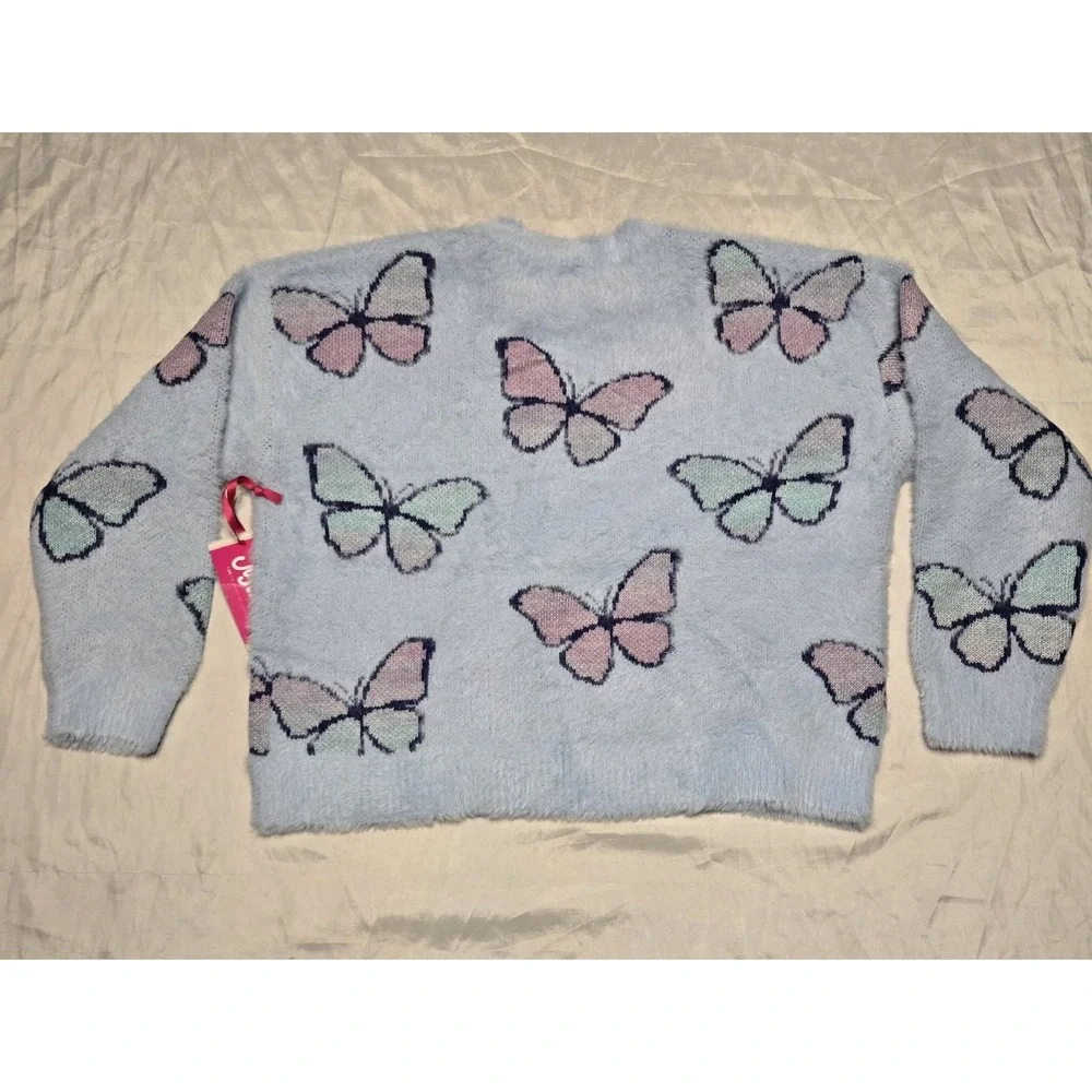 NWT Justice Girls Crew Neck Eyelash Sweater Butterflies Medium 10 Pullover Fuzzy